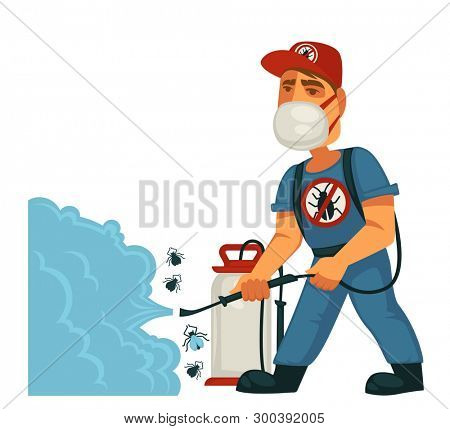 Exterminator in mask sprays chemical substanse against insects