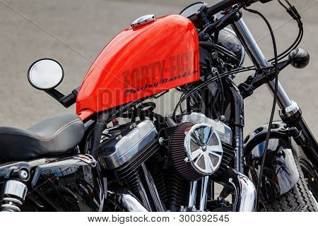 Moscow, Russia - May 04, 2019: Forty Eight Harley Davidson Motorcycle With Bright Orange Fuel Tank C