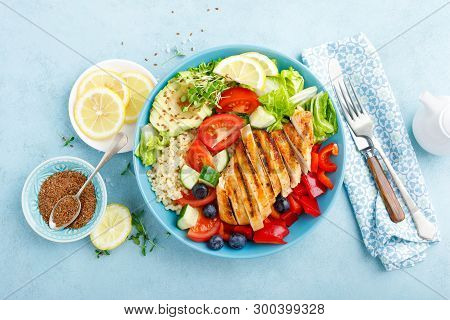 Lunch Bowl With Grillet Chicken Breast, Fillet, Bulgur And Fresh Vegetable Salad