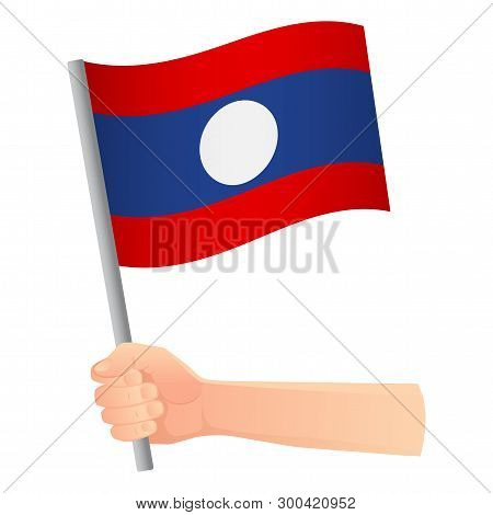 Laos Flag In Hand. Patriotic Background. National Flag Of Laos Vector Illustration