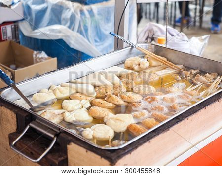 Steaming Oden Dumplings, The Famous Japanese Food That Made By Vegetables, Flour, Soy And Fish Serve