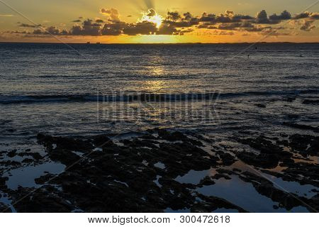 Sunset At Porto Da Barra Beach In Salvador Bahia, Brazil