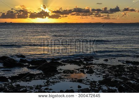 Sunset At Porto Da Barra Beach In Salvador Bahia, Brazil