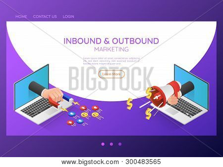 3d Isometric Web Banner Businessman Hand Come Out From Laptop Monitor With Magnet And Megaphone. Inb