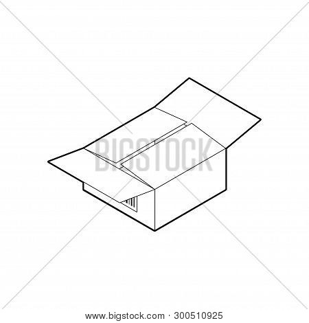Outline Cardboard Box Icon. Empty Corrugated Box With Two Open And Two Closed Flaps. Isometric Vecto