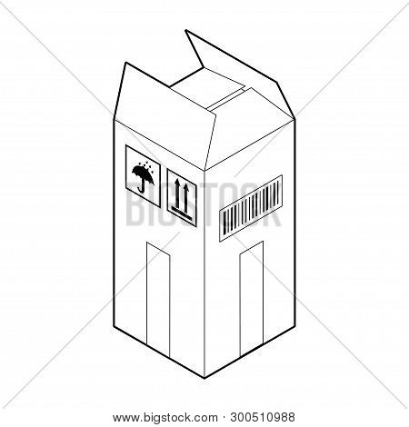 Outline Icon Of Tall Cardboard Box. Empty Corrugated Box With Two Open And Two Closed Flaps. Isometr