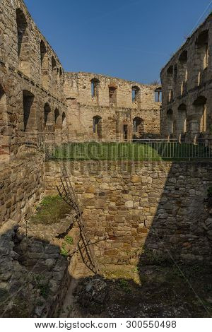 Iterior Of Castle Gleichen In Germany With Blue Sky And Green Grass In Spring Time