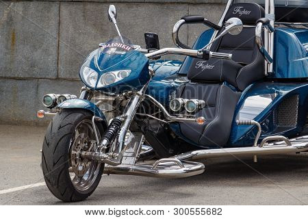 Moscow, Russia - May 04, 2019: Chromed Boom Tourist Trike In A Parking At Sunny Day. Moto Festival M