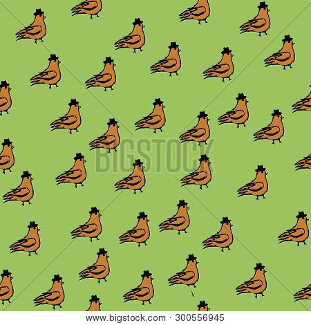 Spring Birds Illustration, Seamless, Pattern Dove With Cylinder. Funny Style. Vector Illustration.