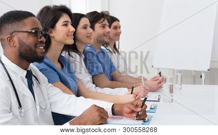 Medical Conference. Successful Interns Listening Lecture In Hospital