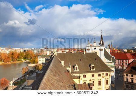 Bird View From The Mathematical Tower Over Historical University Of Wroclaw And The River. Historica