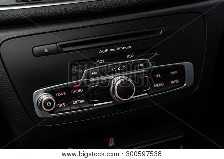 Novosibirsk, Russia - May 10, 2019:  Audi Q3,close-up Of The Dashboard, Radio, Player. Photography O