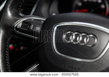 Novosibirsk, Russia - May 10, 2019:  Audi Q3,close-up Of The Multiwheel With Setting Buttons. Photog