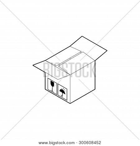Outline Cardboard Box Icon. Empty Corrugated Box With Two Open And Two Closed Flaps. Isometric Vecto