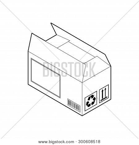 Outline Icon Of Wide Cardboard Box. Empty Corrugated Box With Two Open And Two Closed Flaps. Isometr