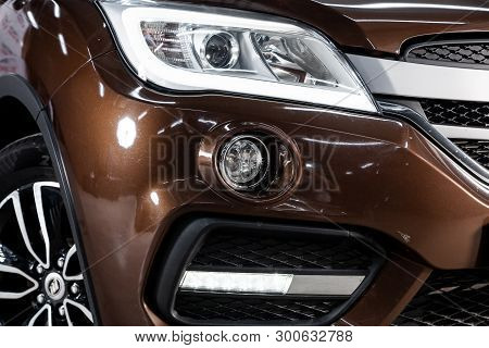 Novosibirsk, Russia - May 10, 2019:  Lifan X60,close-up Of The Headlights. Photography Of A Modern C