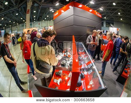 Moscow, Russia - April 11, 2019: Booth Of Canon Company At Photoforum 2019 Trade Show And Exhibition