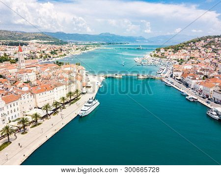 Aerial View Of Touristic Old Trogir, Historic Town On A Small Island And Harbour On The Adriatic Coa