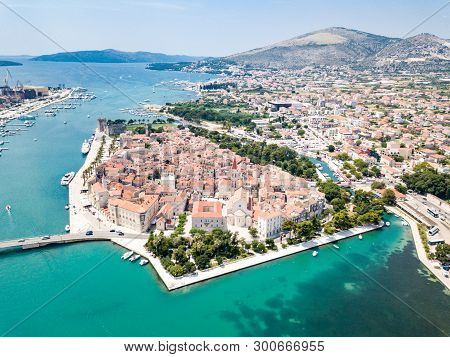 Aerial View Of Touristic Old Trogir, Historic Town On A Small Island And Harbour On The Adriatic Coa