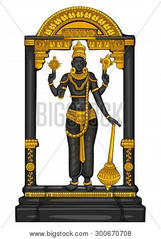 Vector Design Of Vintage Statue Of Indian Lord Vishnu Sculpture Engraved On Stone