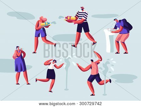 Happy People Splashing And Playing With Water In Hot Summer Time Season Weather. Male And Female Cha