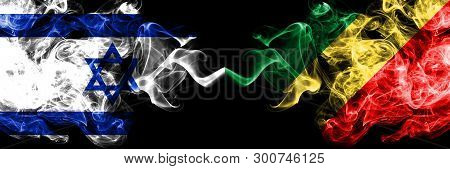 Israel Vs Congo, Congolese Smoky Mystic Flags Placed Side By Side. Thick Colored Silky Smokes Flag O