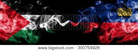 Palestine Vs Liechtenstein, Liechtensteins Smoky Mystic Flags Placed Side By Side. Thick Colored Sil