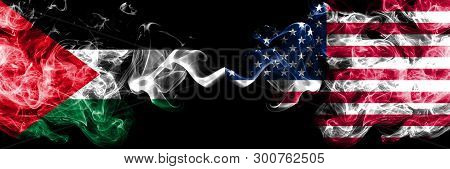 Palestine Vs United States Of America, American Smoky Mystic Flags Placed Side By Side. Thick Colore