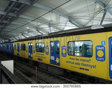 Jakarta, Indonesia - April 17, 2019: Mrt Jakarta Train Arrives At Lebak Bulus Mrt Station.