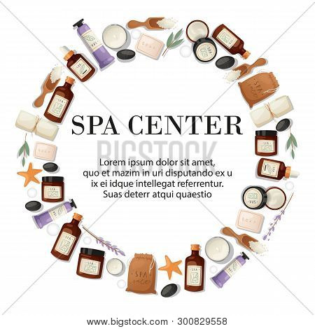 Spa Center Round Pattern Vector Illustration. Realistic Plastic Containers Bottles, Tubes And Jars F