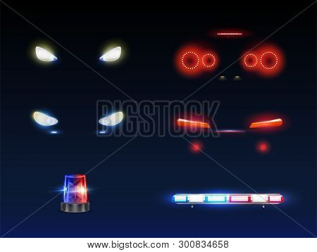 Modern Car Front, Back Headlights, Rotating And Flashing Police Or Ambulance Car Beacon And Light Ba