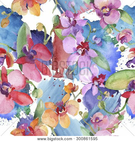 Orchid Bouquets Floral Botanical Flowers. Watercolor Background Illustration Set. Seamless Backgroun