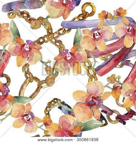 Orchid Bouquets Floral Botanical Flowers. Watercolor Background Illustration Set. Seamless Backgroun