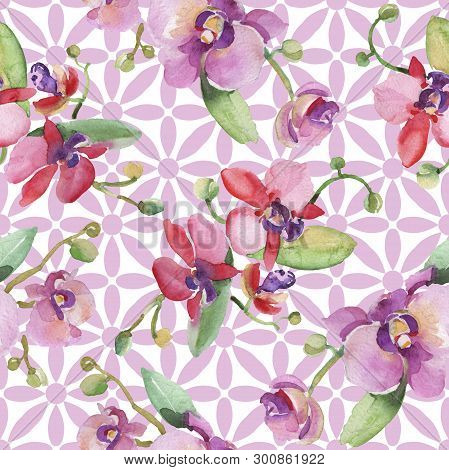 Orchid Bouquets Floral Botanical Flowers. Watercolor Background Illustration Set. Seamless Backgroun