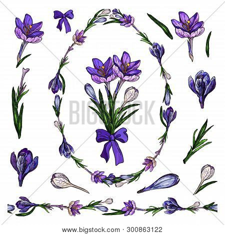 Crocus Tangle In Shape Of Egg With Endless Horizontal Brush And Vector Floral Romantic Elements For 