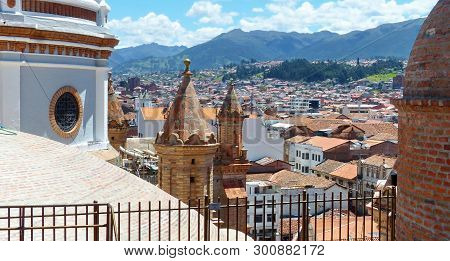 Cuenca, Ecuador. Cityscape Of The Historical Center City, Unesco World Heritage Site, And View Of To