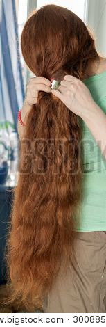 A Girl With Long Red Hair With Two Hands Plaits Herself A Braid