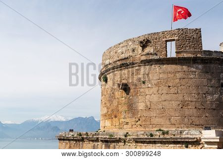 Ancient Hidirlik Tower With Red Turkey Flag On Its Top