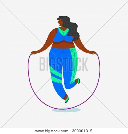 Jump Rope For Fitness. Girl Plus Size. Health Sport In Club. Fat Woman Doing Exercises, Loses Weight
