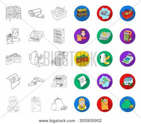 Supermarket And Equipment Outline, Flat Icons In Set Collection For Design. Purchase Of Products Vec