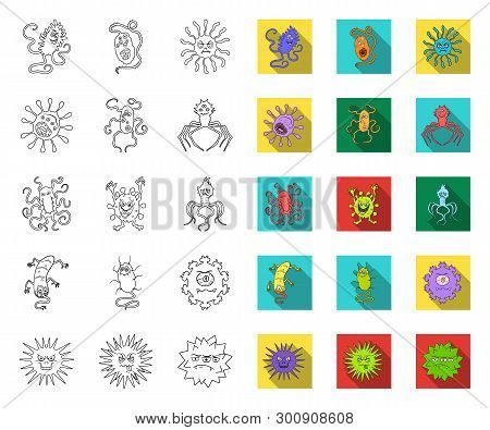Types Of Funny Microbes Outline, Flat Icons In Set Collection For Design. Microbes Pathogenic Vector