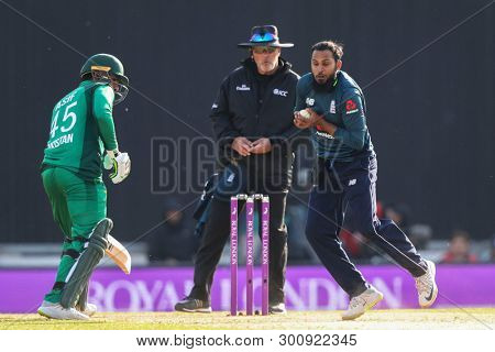SOUTHAMPTON, ENGLAND. MAY 11 2019: Adil Rashid of England catches the ball to dismiss Babar Azam of Pakistan during the England v Pakistan, 2nd ODI