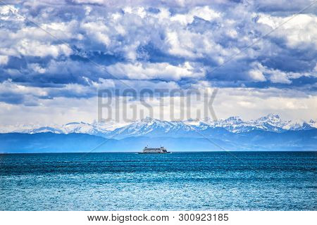 The Ship On The Lake Constace, Bodensee. In The Background Is Big Snowy Mountains Alps. The Lake Lie