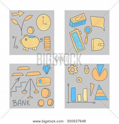 Set Of Square Cards With Finance Elements. Business Concept. Vector Color Illustration.