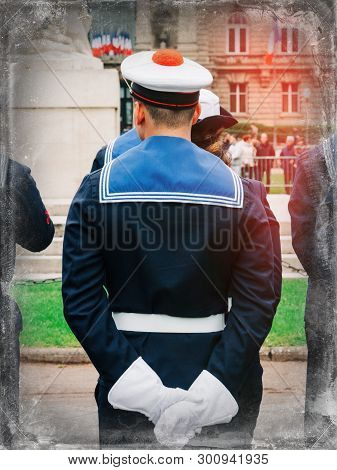 Rear View Of Unrecognizable Sailor Mariner At Ceremony To Mark Western Allies World War Two Victory 