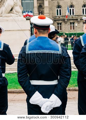 Rear View Of Unrecognizable Sailor Mariner At Ceremony To Mark Western Allies World War Two Victory 