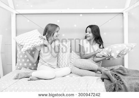 Childhood Friendship Concept. Girls Happy Best Friends Sleepover Domestic Party. Sleepover Time For 