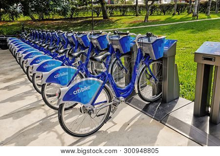 Miami, Usa - January 05, 2016: Citibike Blue Bicycles For Rental On Station On Green Grass Backgroun