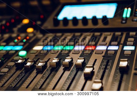 Professional Sound And Audio Mixer Control Panel With Buttons And Sliders. Sound Recording Studio Mi