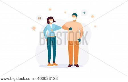 Man And Woman Greet Each Other By Touching Their Elbows. Vector Illustration